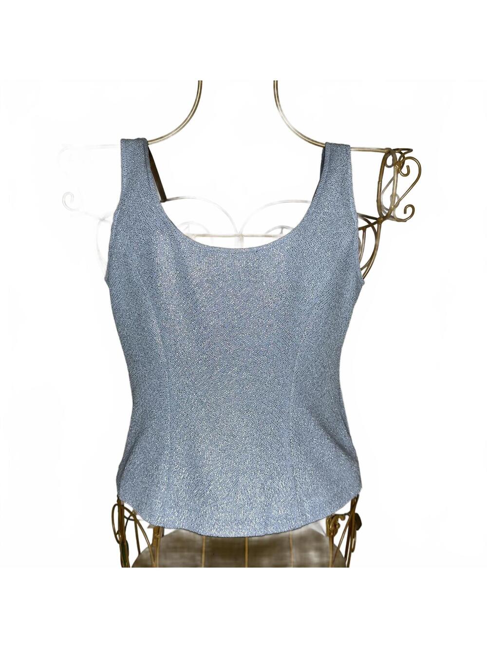 Alex Evenings Petite Ice Blue Shimmer 2 Piece Evening Set Tank & Open Cardigan - Picture 6 of 7